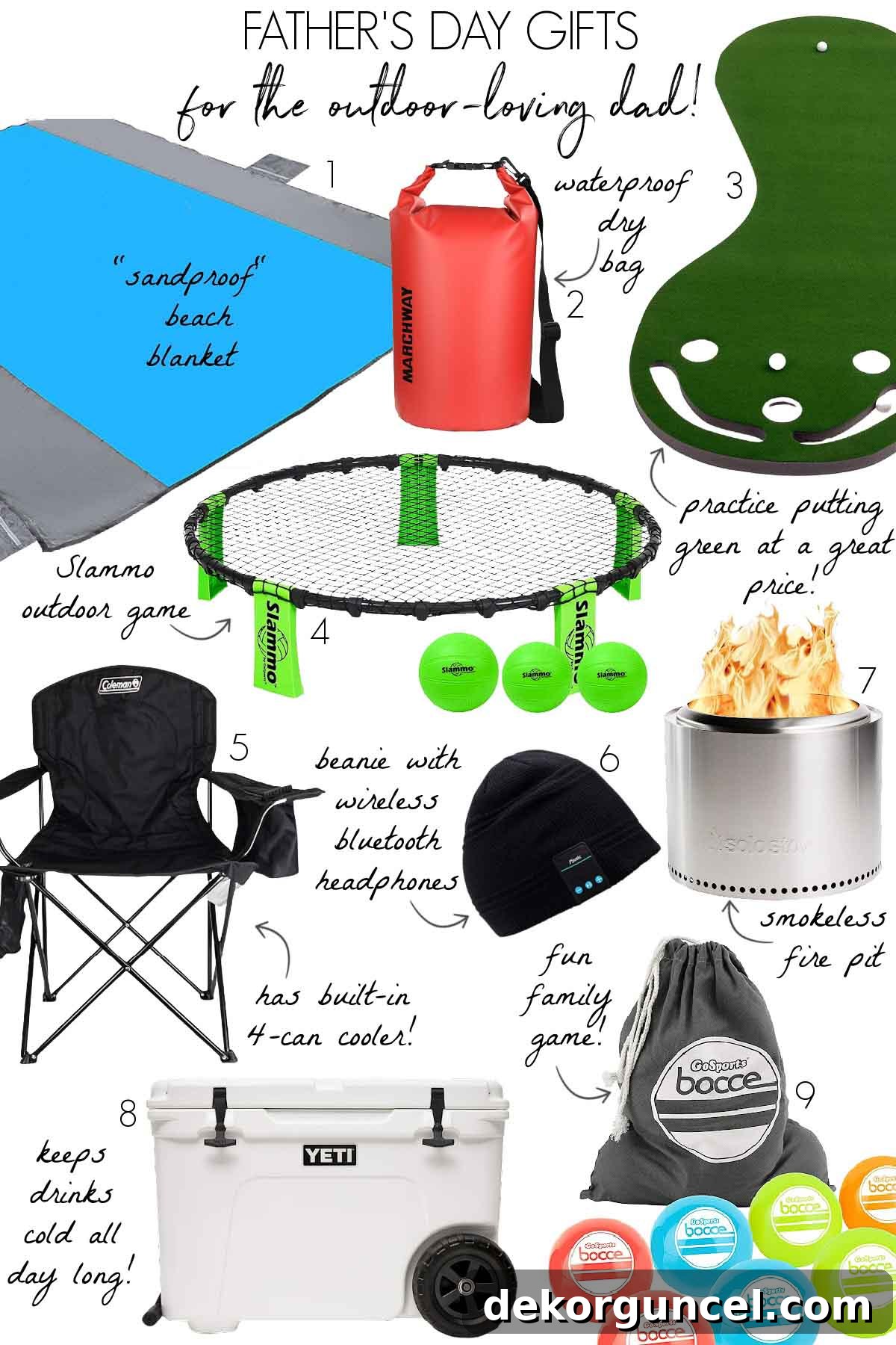 Father's Day gifts for outdoor loving dads, including beach gear, camping essentials, and fun outdoor games.