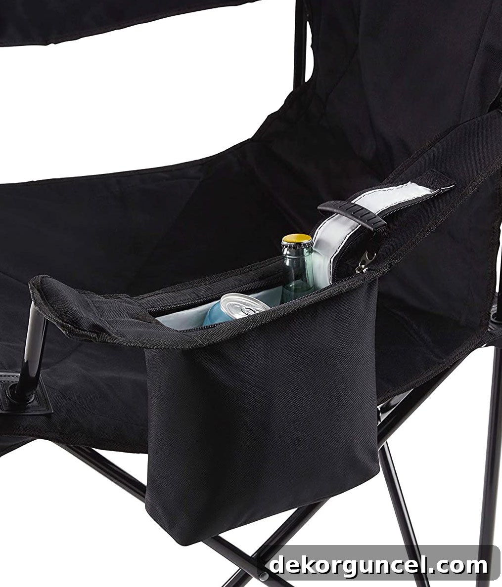 Folding camping chair with a built-in 4-can cooler, mesh cup holder, and side pockets, a great Father's Day gift.