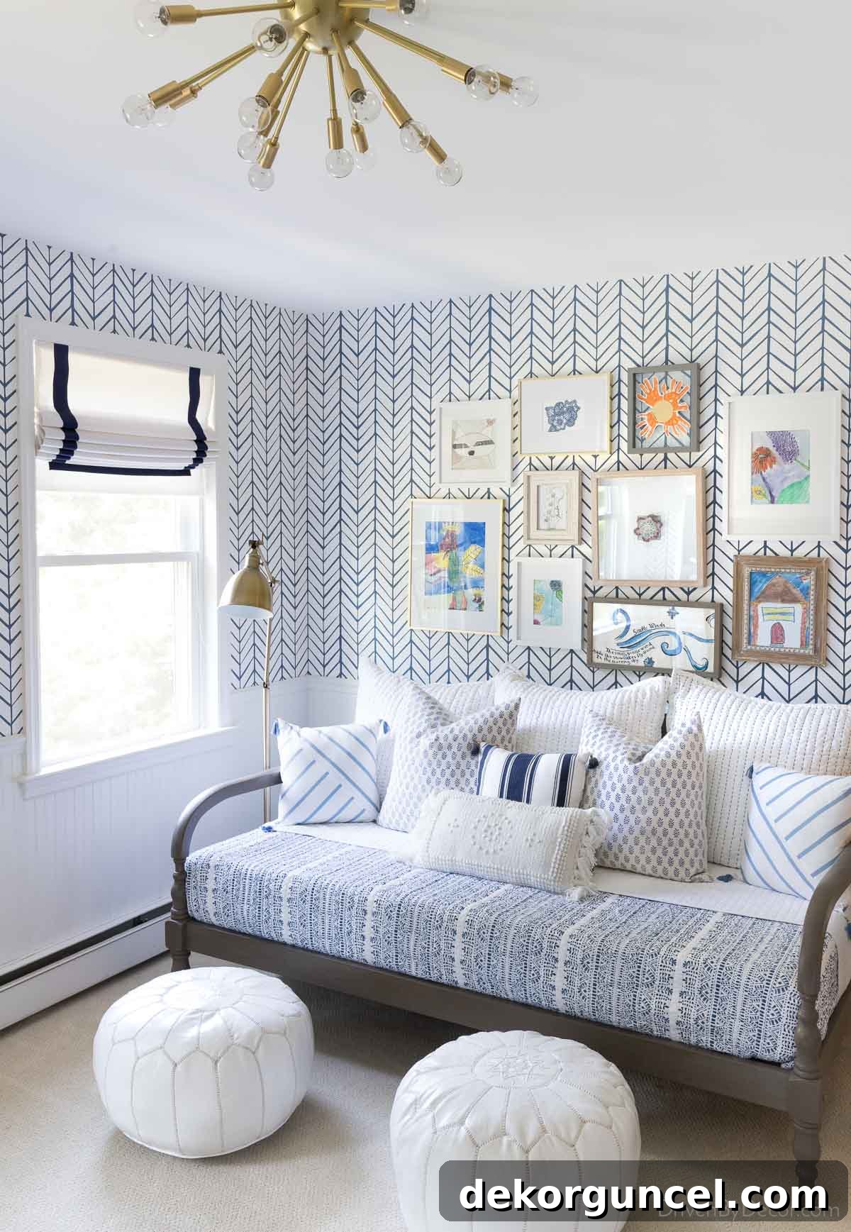 Elegant blue and white herringbone wallpaper installed above beadboard wainscoting, simplifying installation.