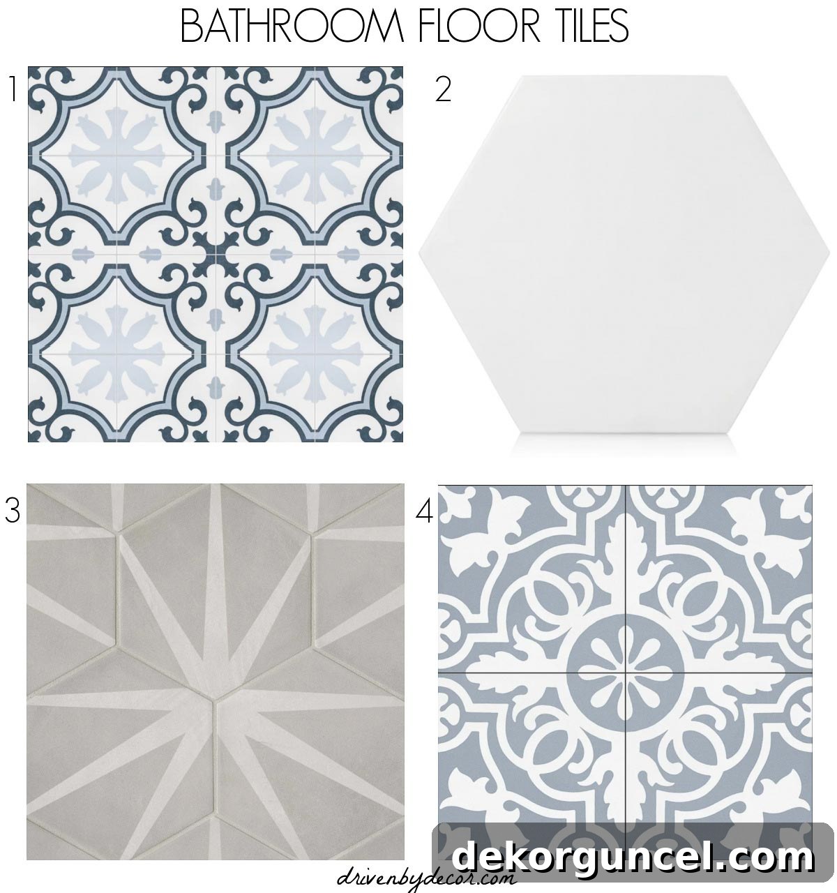 A collage of four different porcelain tile options for a bathroom floor, including patterned and large hexagon designs.
