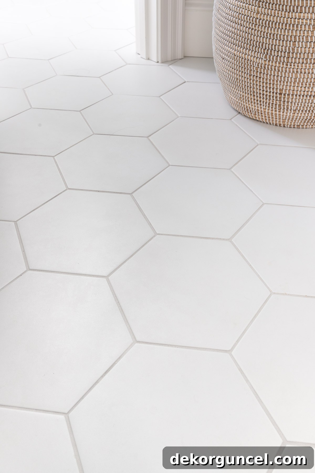 Large white hexagon porcelain tile installed on the bathroom floor, showcasing a clean and modern look.