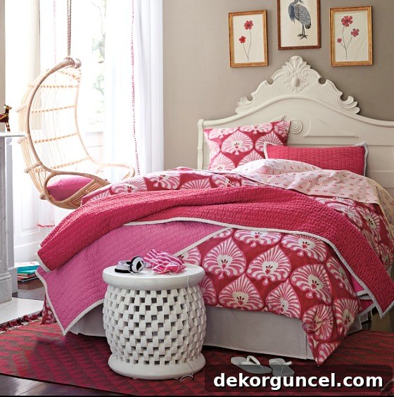 A hanging rattan chair in a girl's bedroom - so cute and fun!