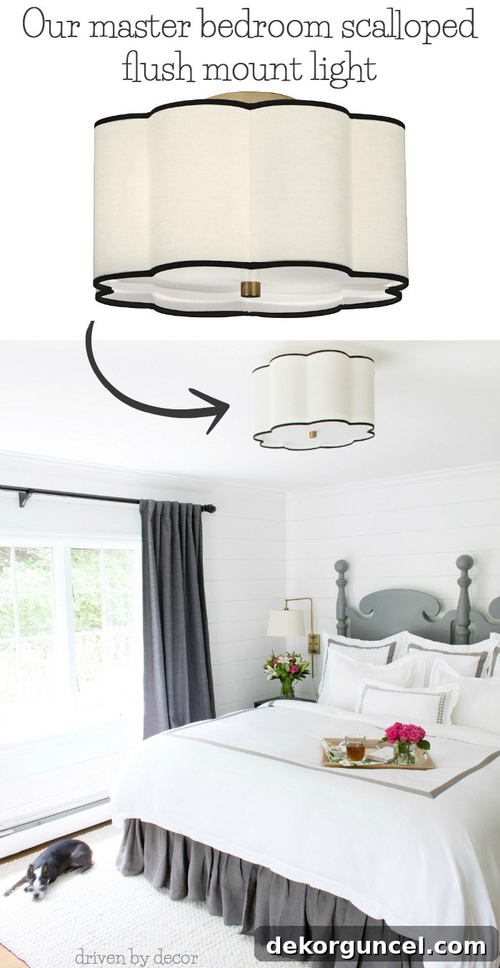 Beautiful scalloped flush mount ceiling light in a bedroom, proving style doesn't need height