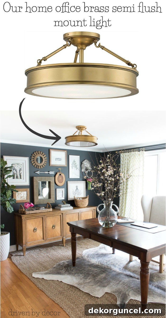 Elegant brass semi-flush mount light providing excellent illumination for a home office