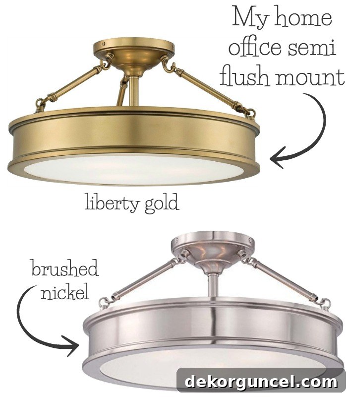 Versatile semi flush mount ceiling light available in brass and brushed nickel