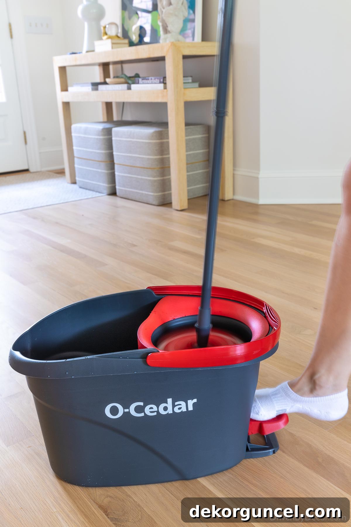 Using the spin mop to clean hardwood floors