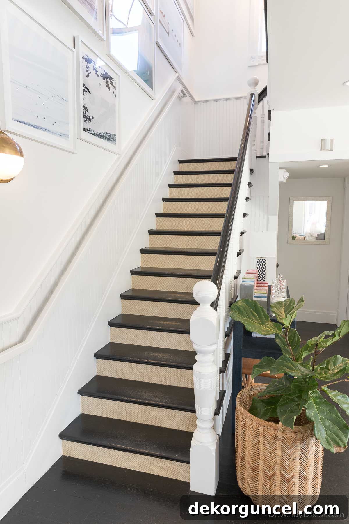 Love the wallpaper idea of adding a subtle patterned paper to the stair risers!