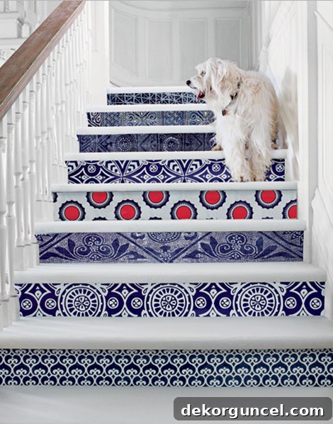 Love these patterned stair risers covered in different patterns of wallpaper!