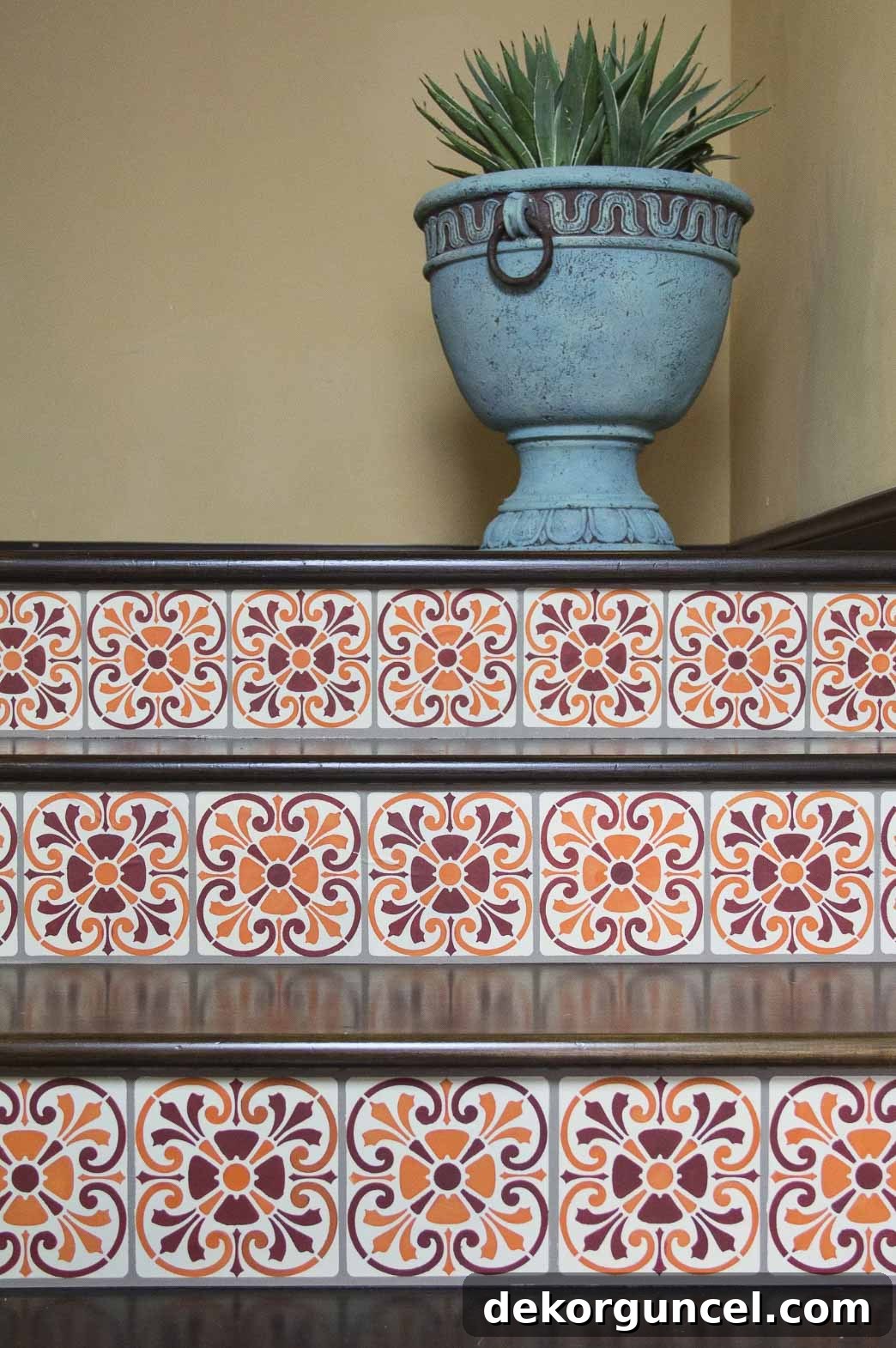 Colorful Tuscan stenciled stair risers