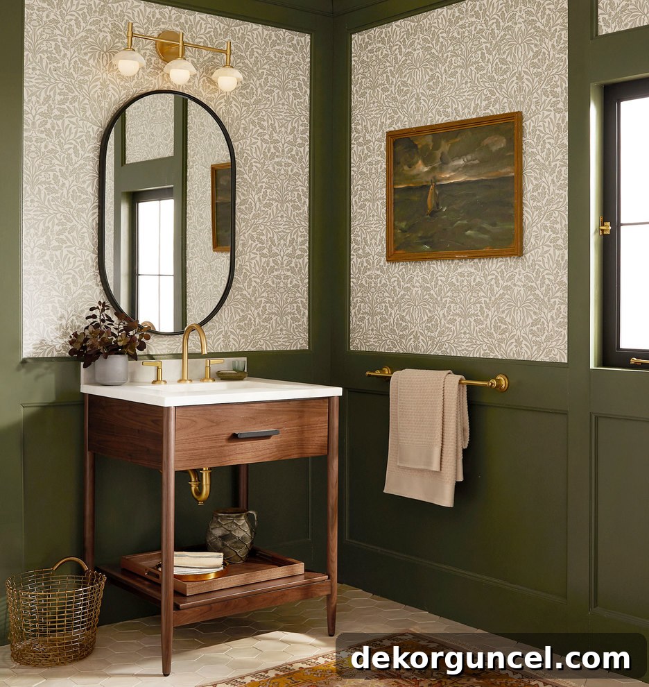 An elongated mirror over a bathroom sink gives the illusion of higher ceilings