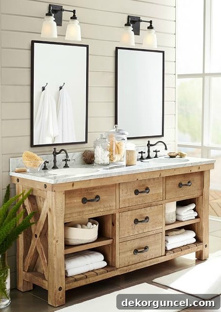 Gorgeous wood vanity and simple medicine cabinet mirrors - love!