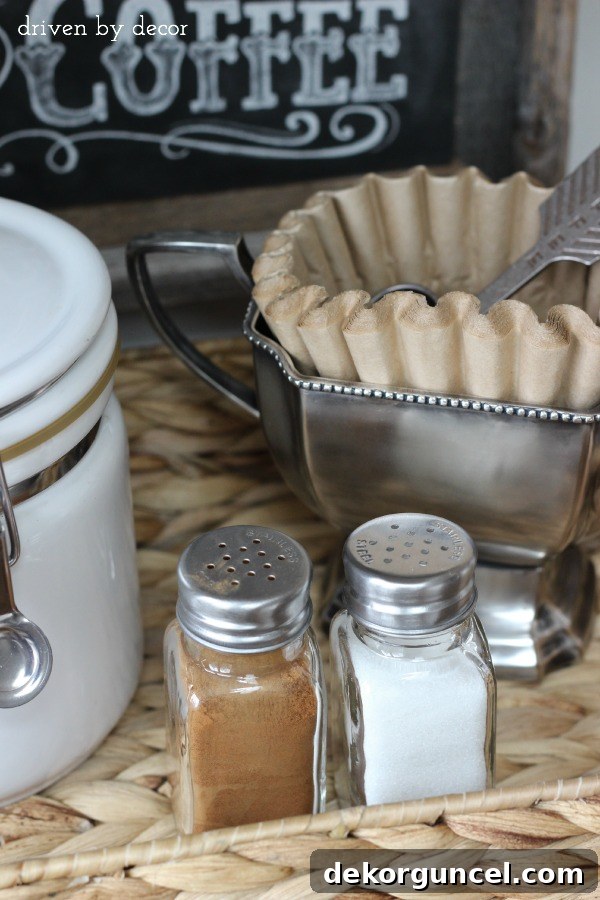 Coffee station cinnamon and sugar in salt & pepper shakers!