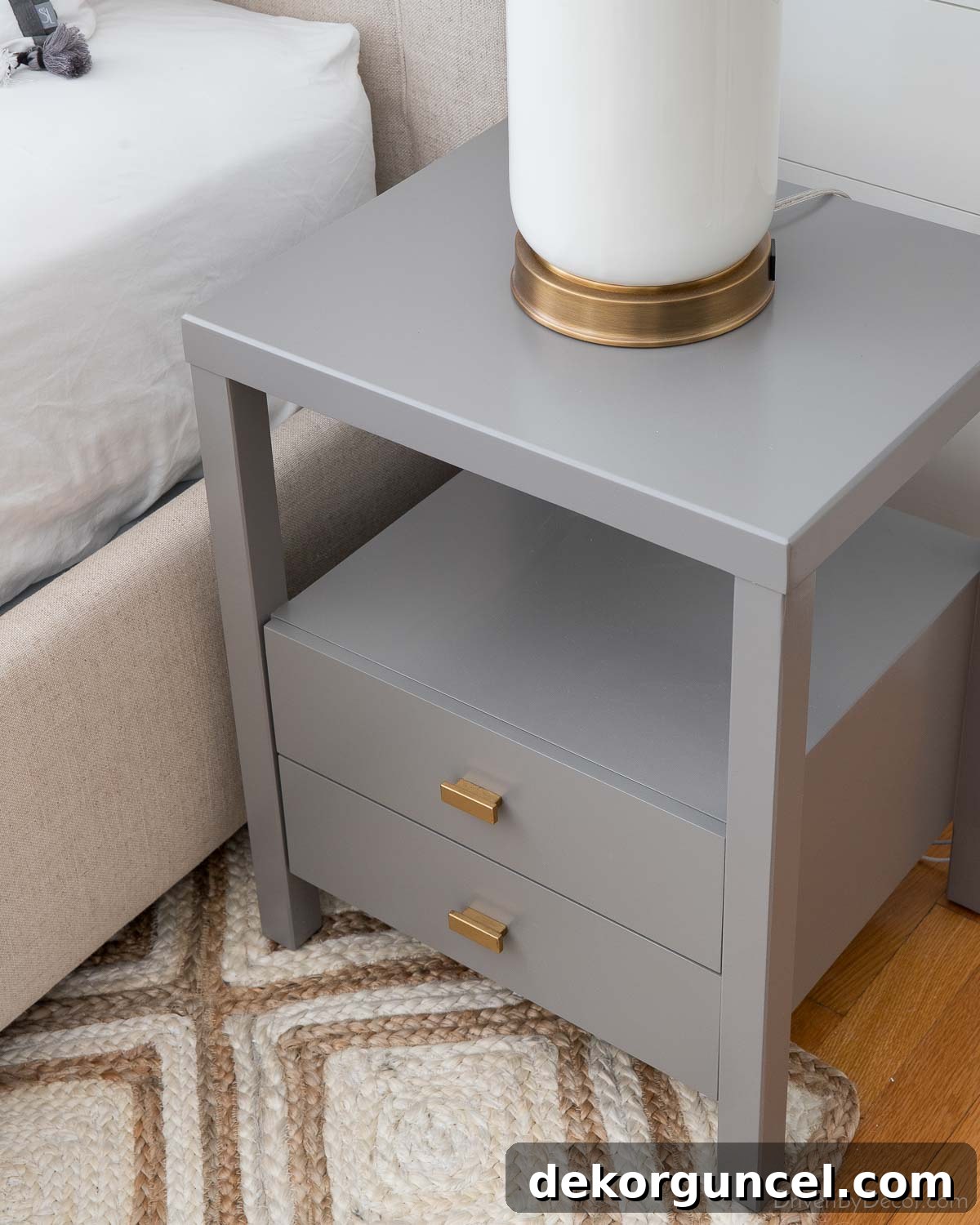 Gray nightstand with knobs turned gold with Rub 'n Buff