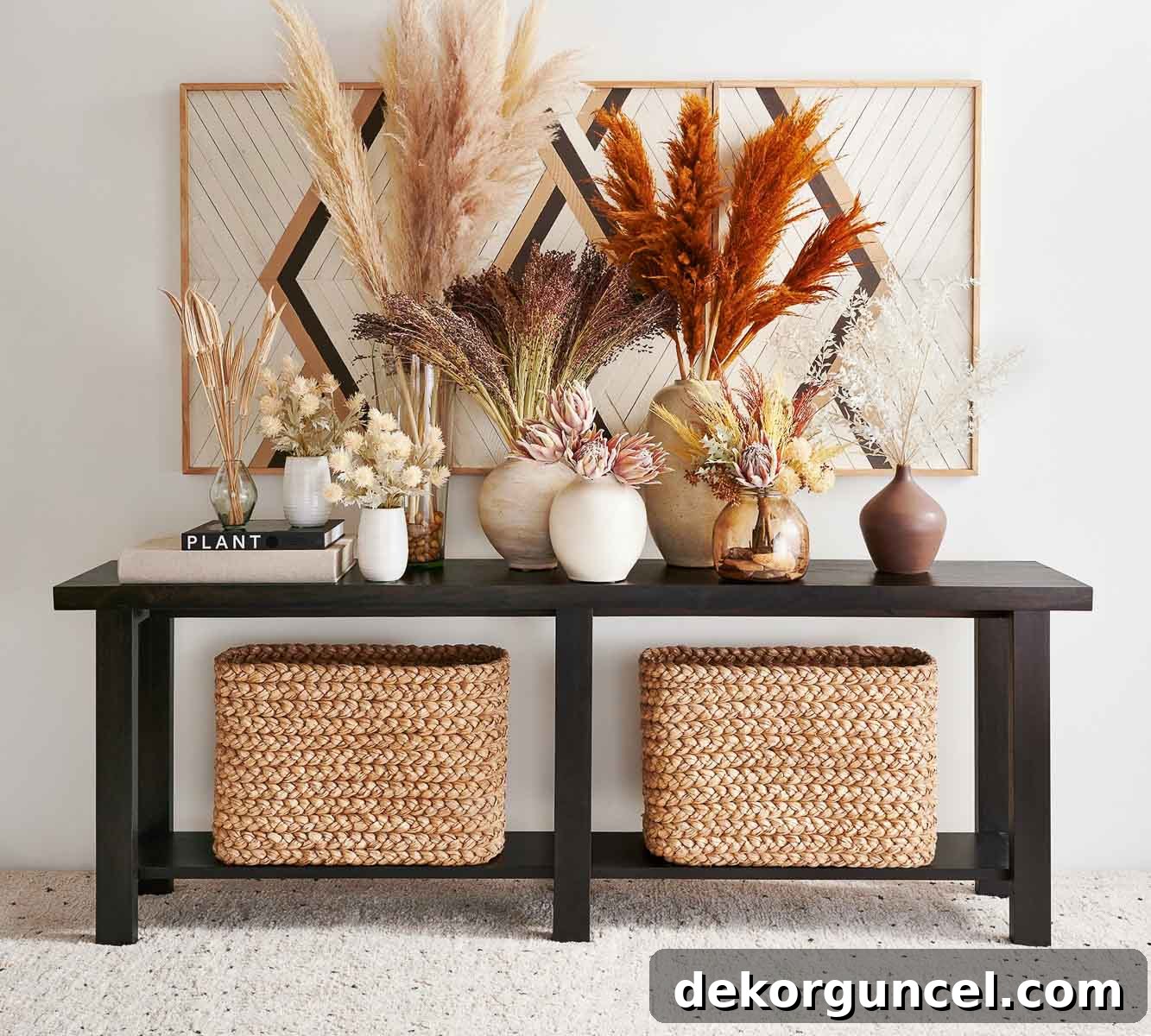 Narrow baskets neatly tucked under a console table