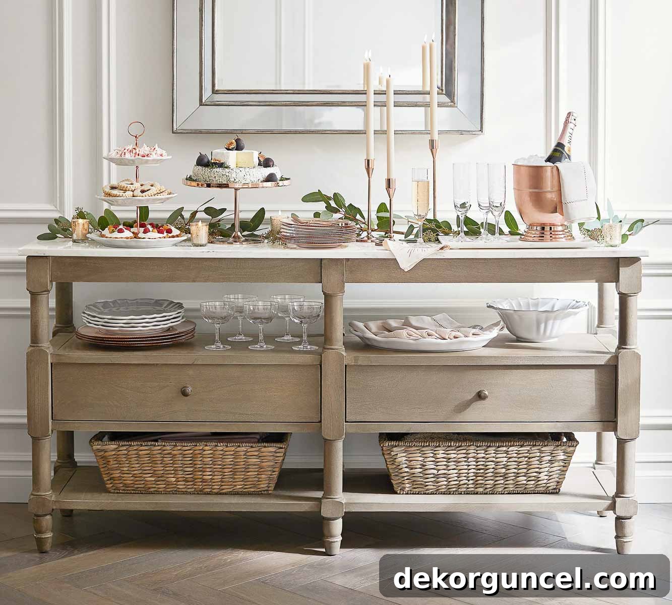 Elegant buffet laid out on a console table for entertaining