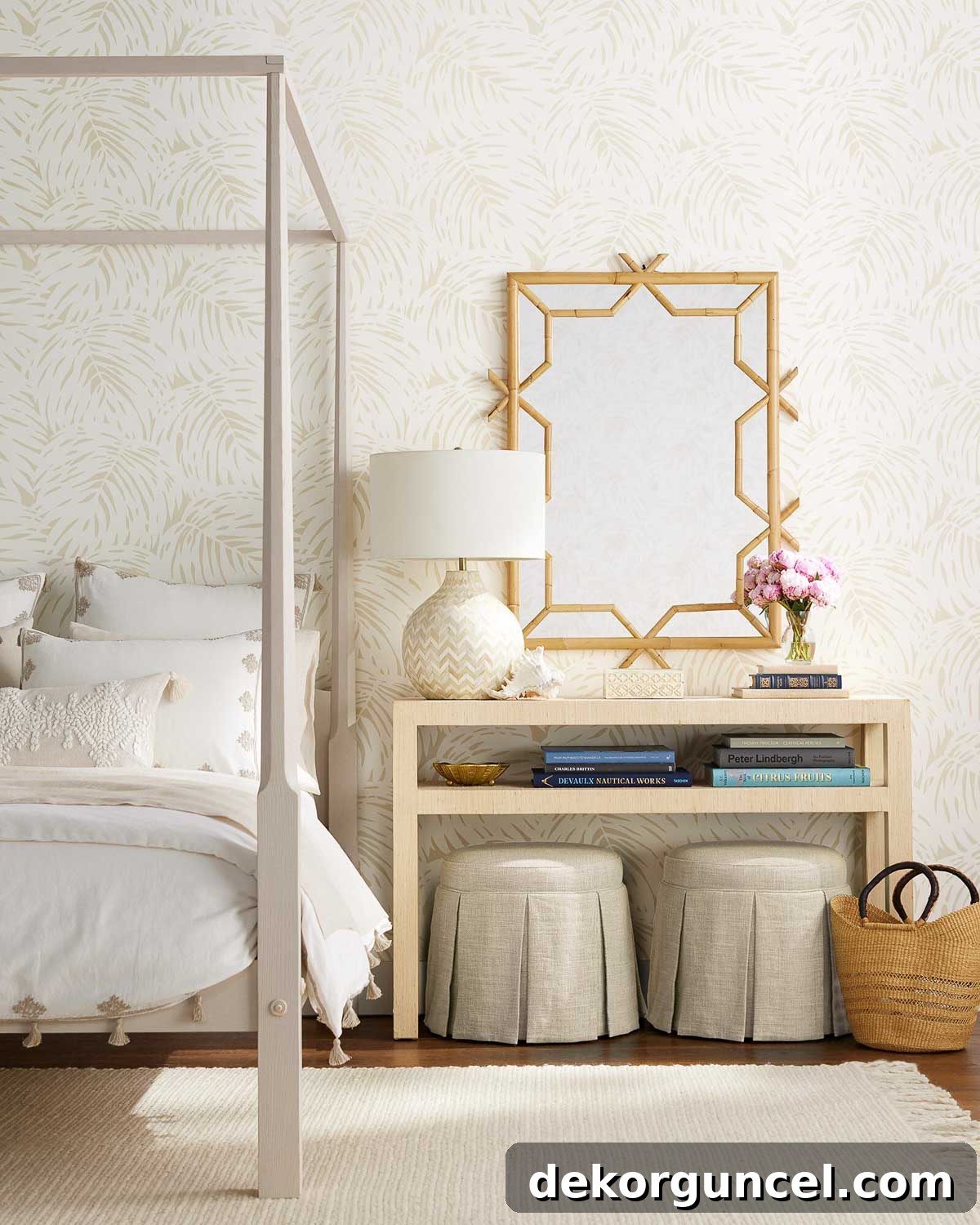 A pair of elegant skirted stools tucked under a console table