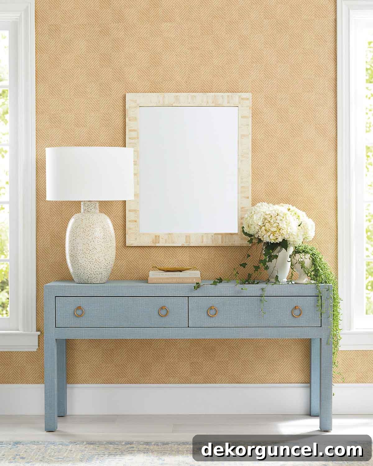 Elegant rectangular bone inlay mirror over console table
