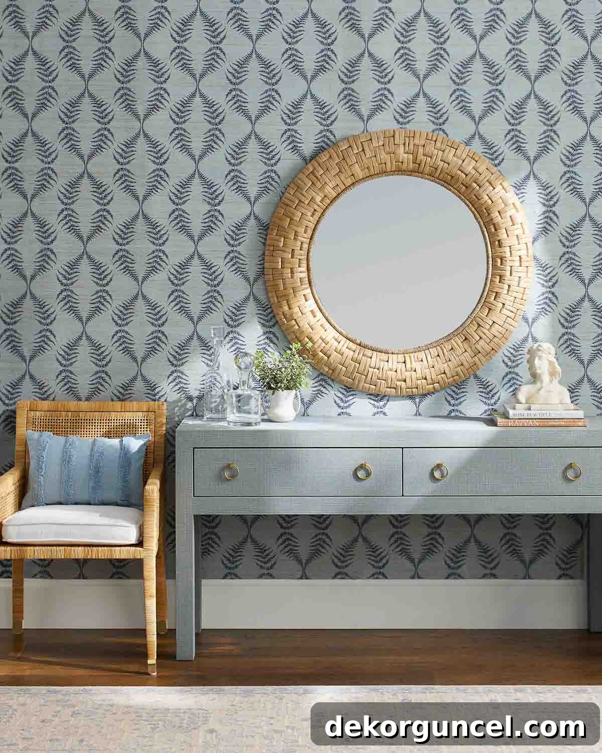 Stylish circular mirror over console table