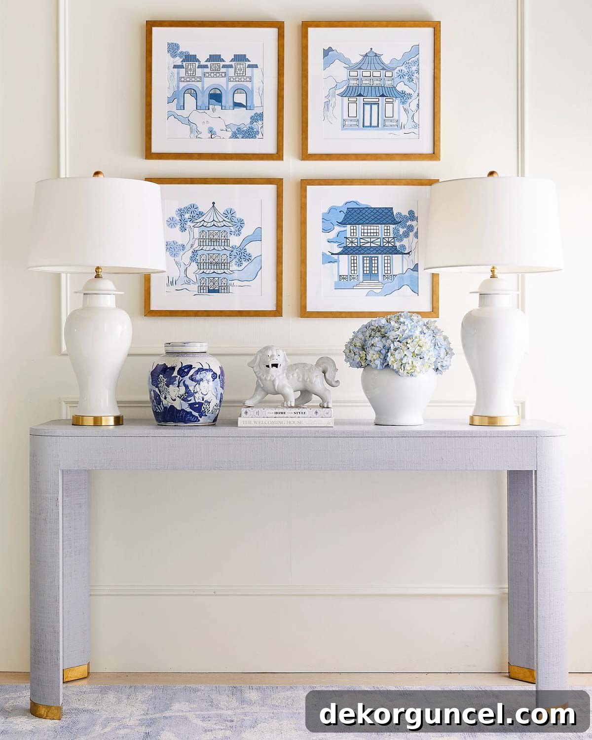 A pair of elegant white temple jar lamps as console table decor