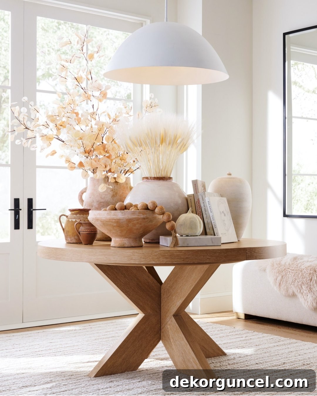 Ideas for neutral fall decor - round wood table with neutral accessories