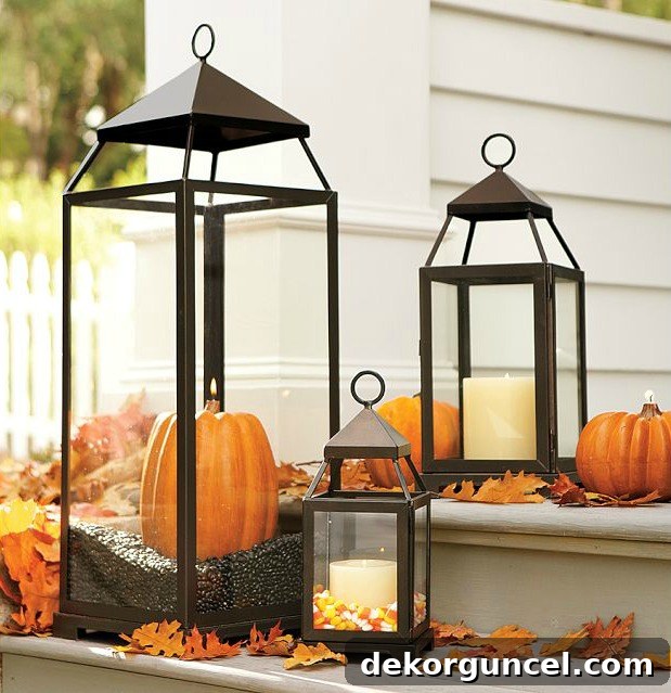 Such a clever way to use lanterns on your front porch in the fall!