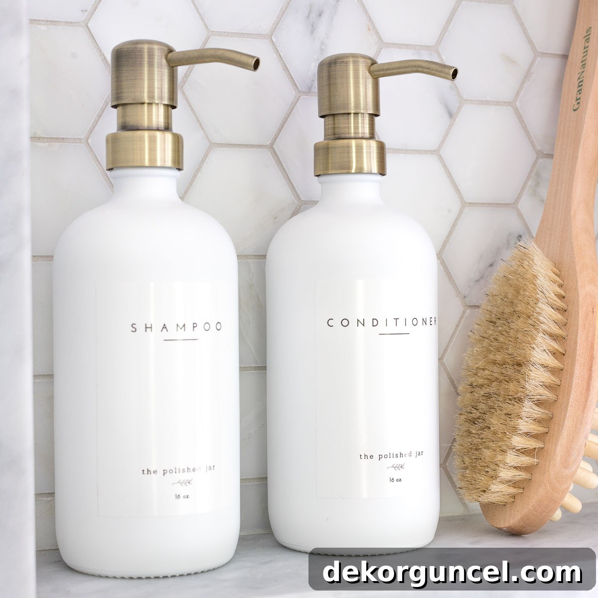 Best Etsy home decor finds including these shampoo and conditioner pumps, enhancing bathroom aesthetics