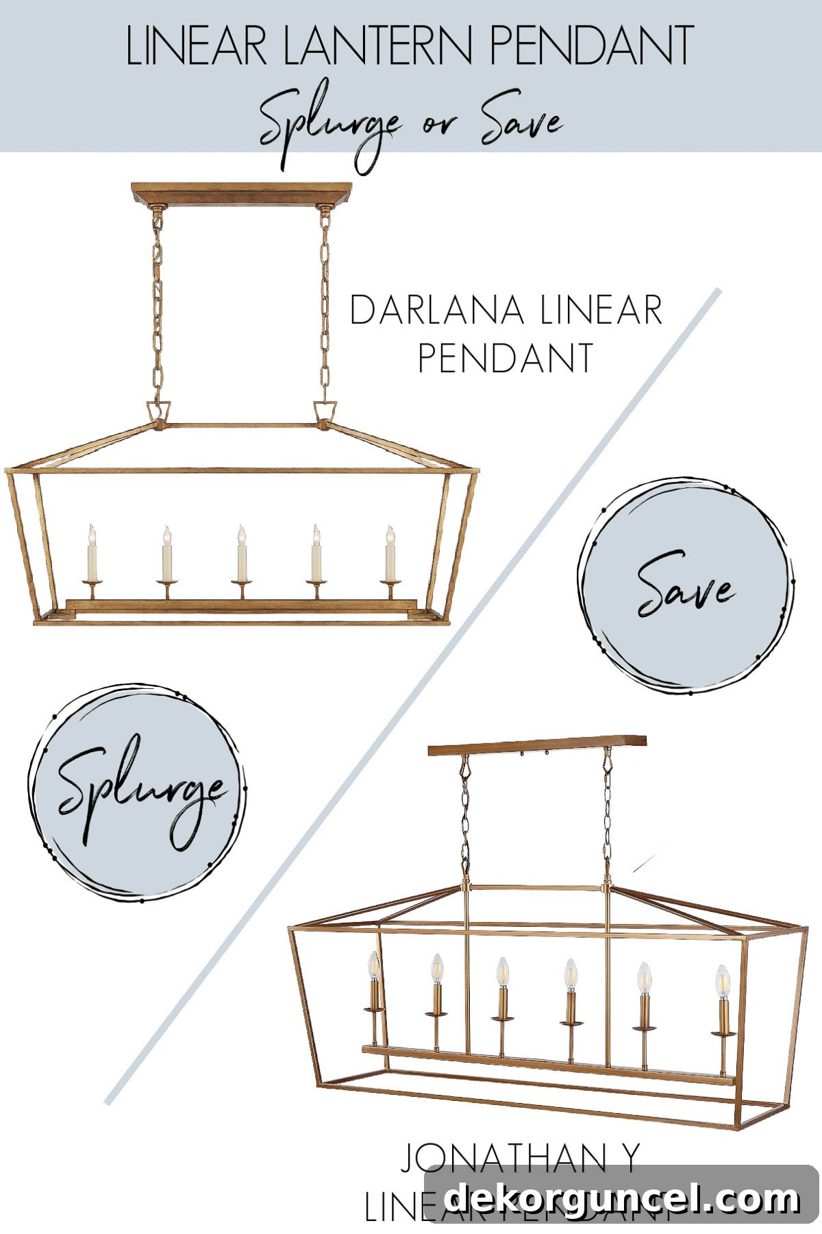 A designer version and look for less version of a linear lantern pendant, highlighting dining area elegance