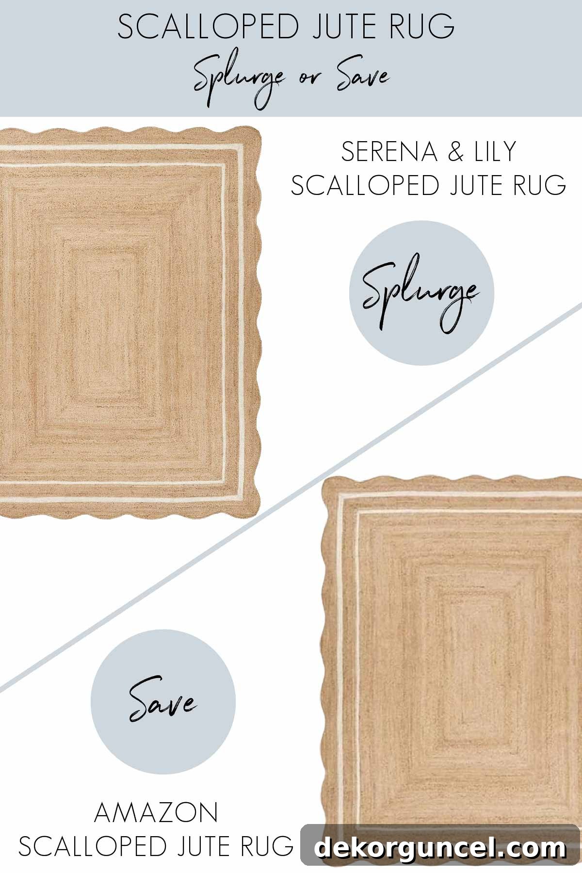 Scalloped jute rug in splurge and look for less versions, showcasing natural elegance