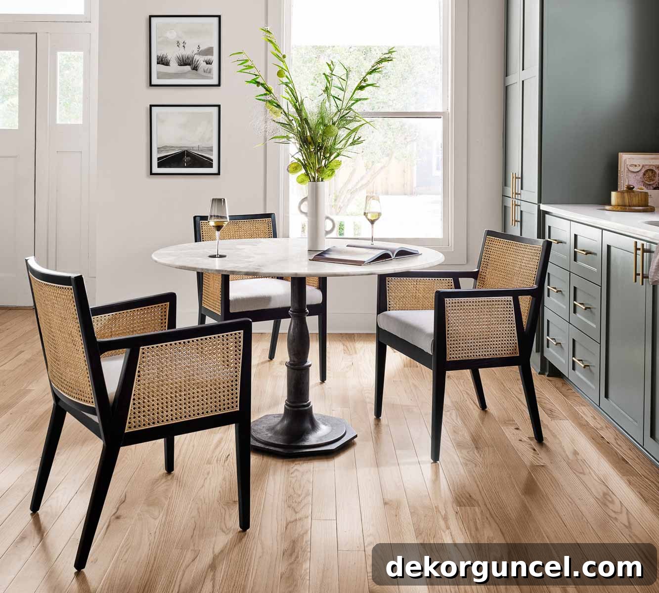 Three black cane dining chairs around round table, exuding modern elegance