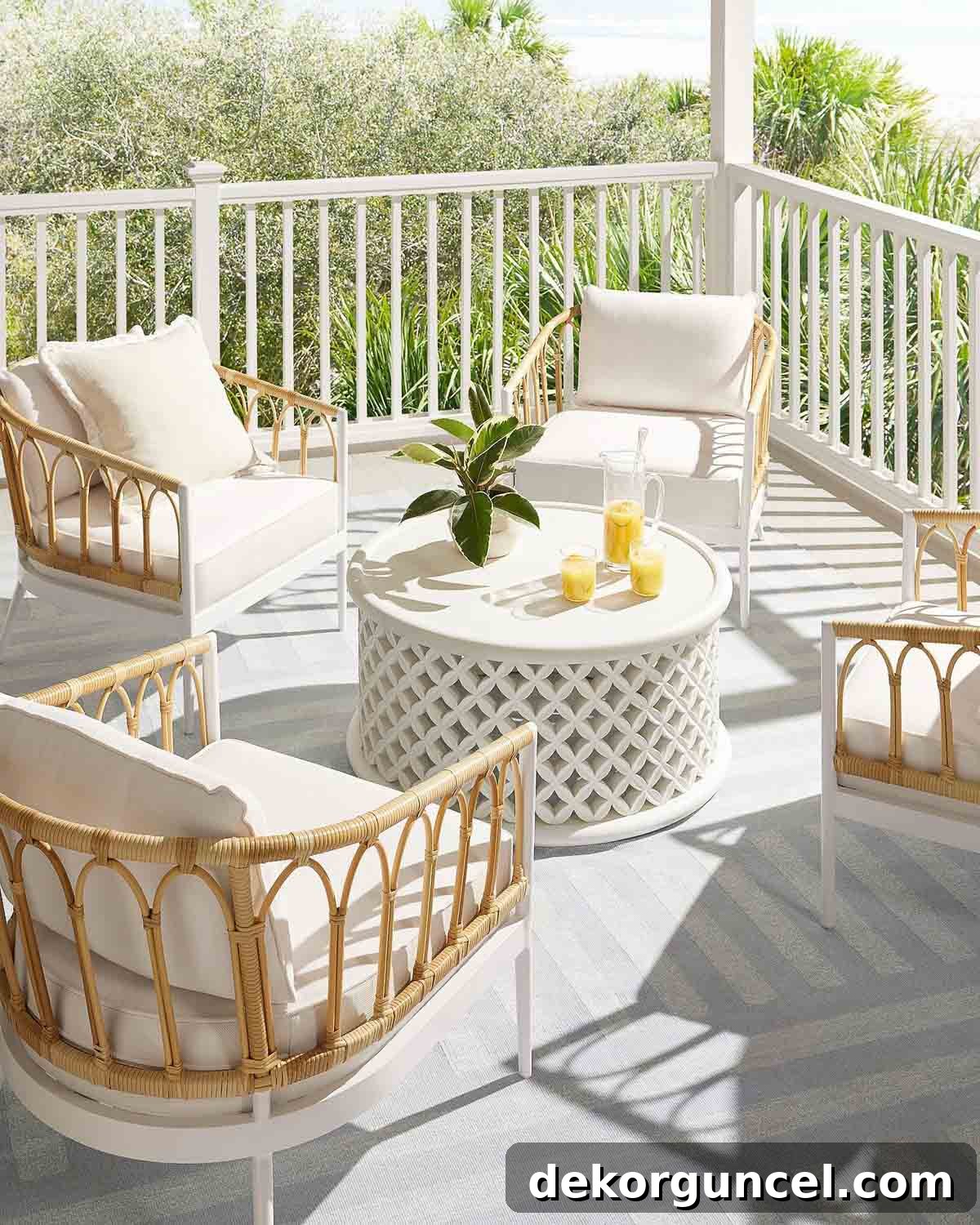 White lattice outdoor coffee table on deck with four chairs, perfect for al fresco living