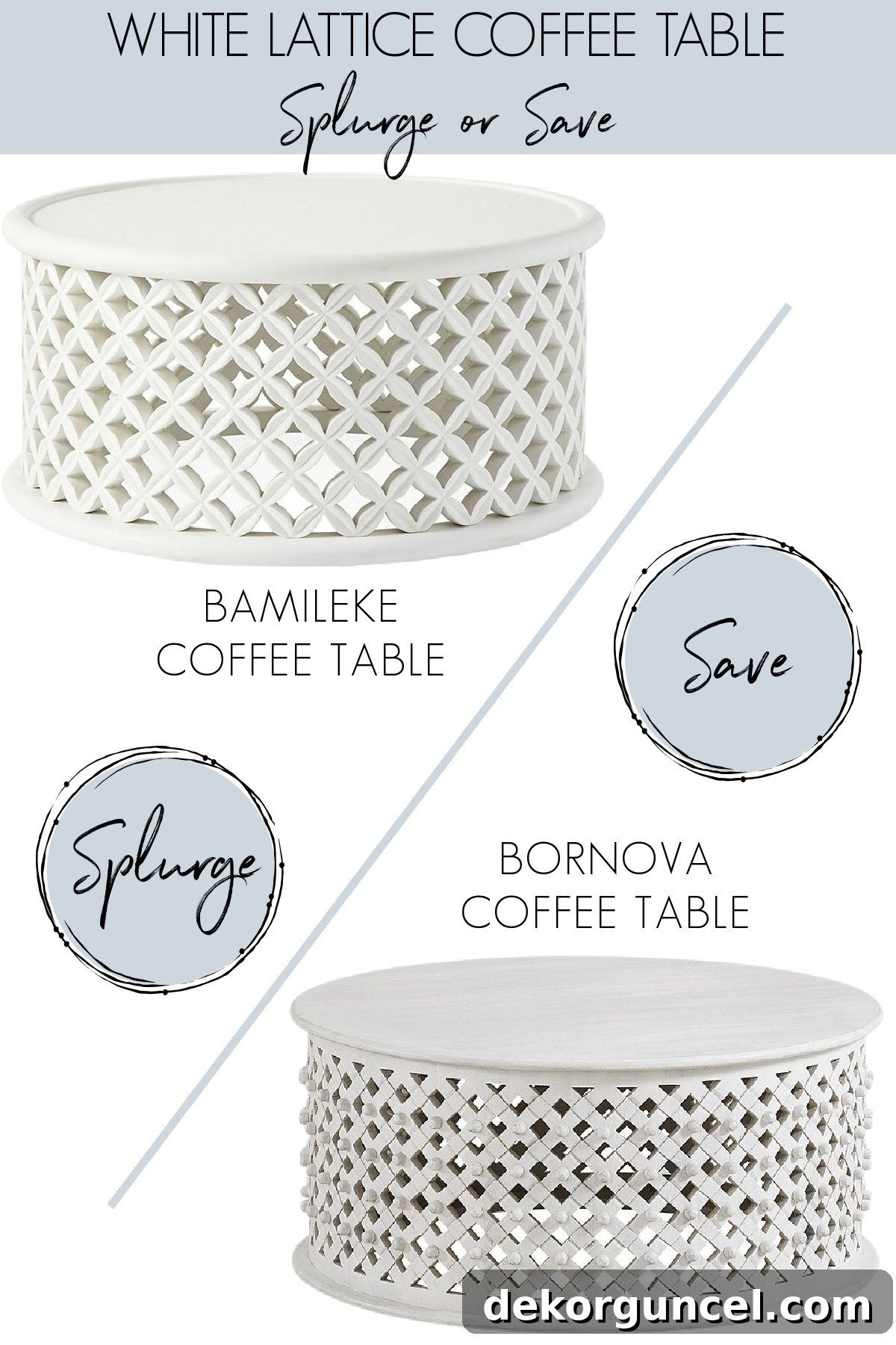 Designer looks for less version of a white lattice coffee table, offering indoor elegance