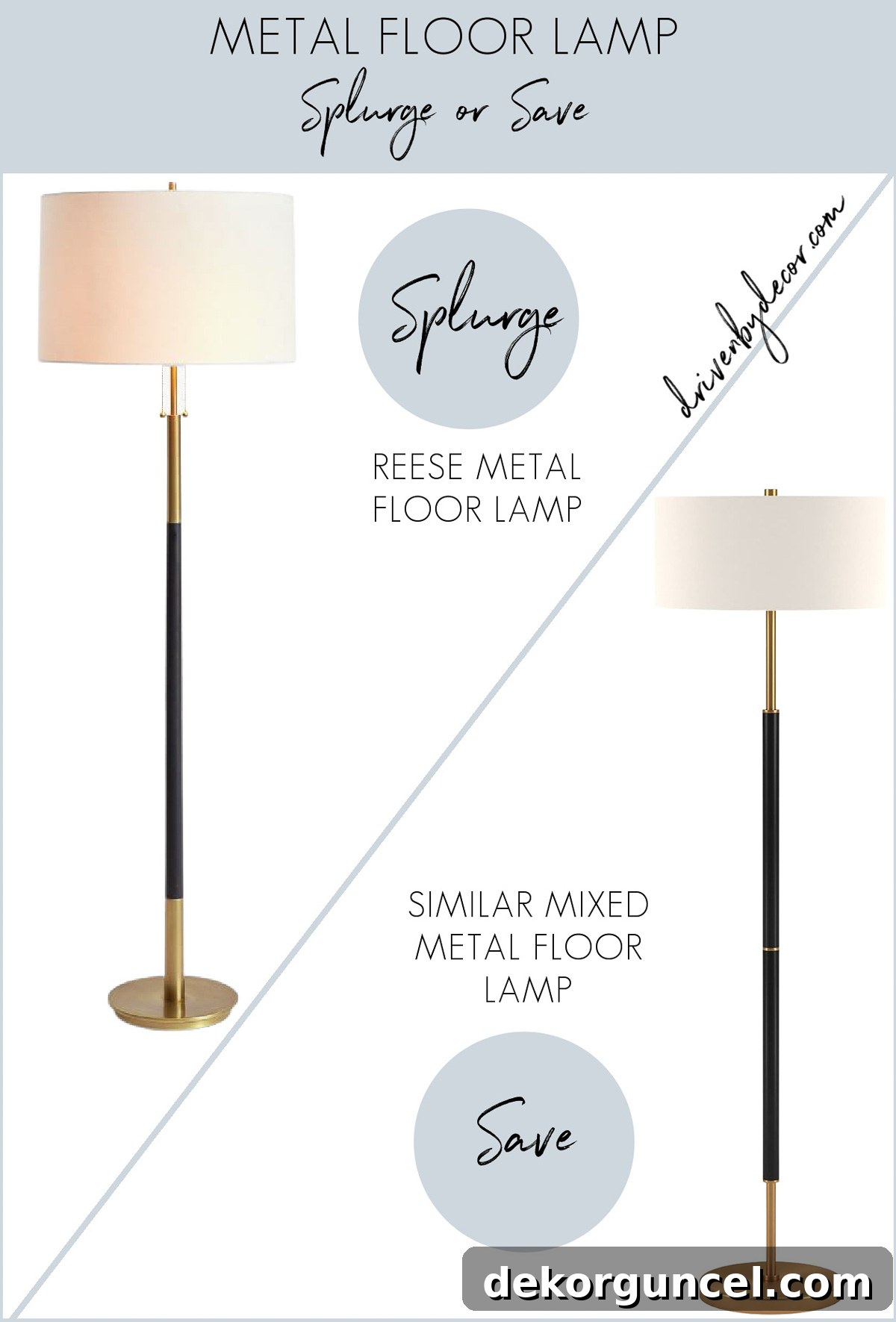 Mixed metal floor lamp in splurge and look for less versions, showcasing modern lighting solutions