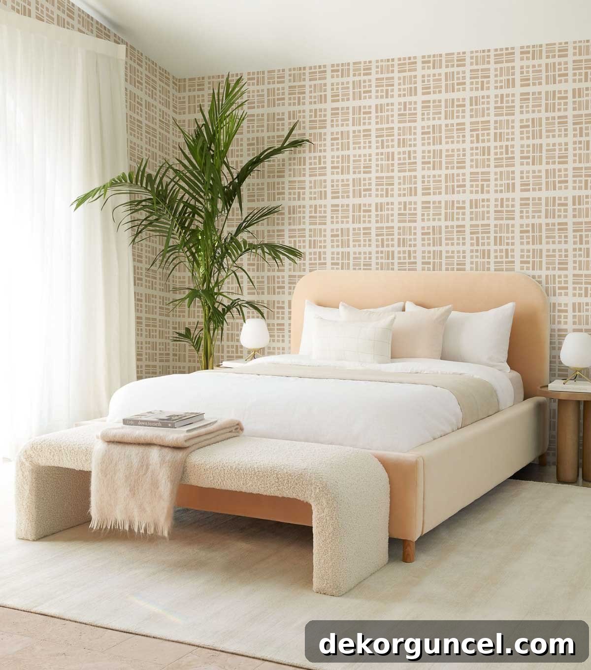 Boucle bench at end of bed, embodying modern comfort and style
