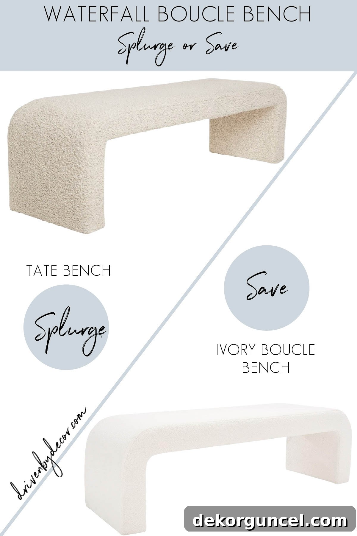 Boucle bench in splurge and look for less versions, offering modern luxury for less