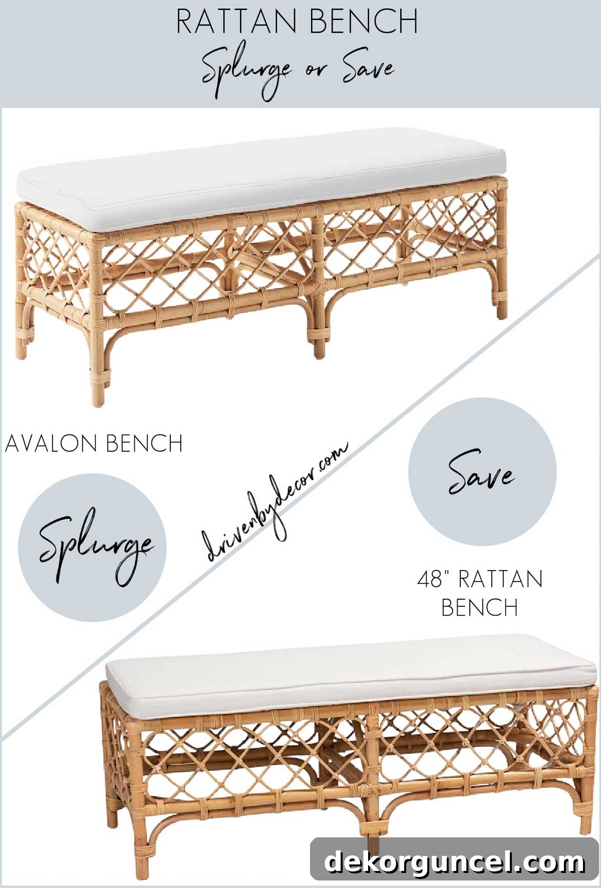Rattan bench in splurge and look for less versions, showcasing accessible bohemian style