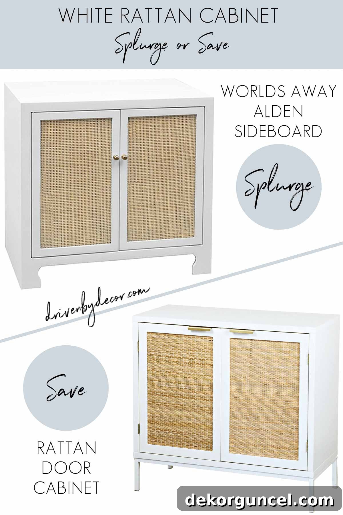 White rattan cabinets in a splurge and look for less save version, showcasing versatile storage