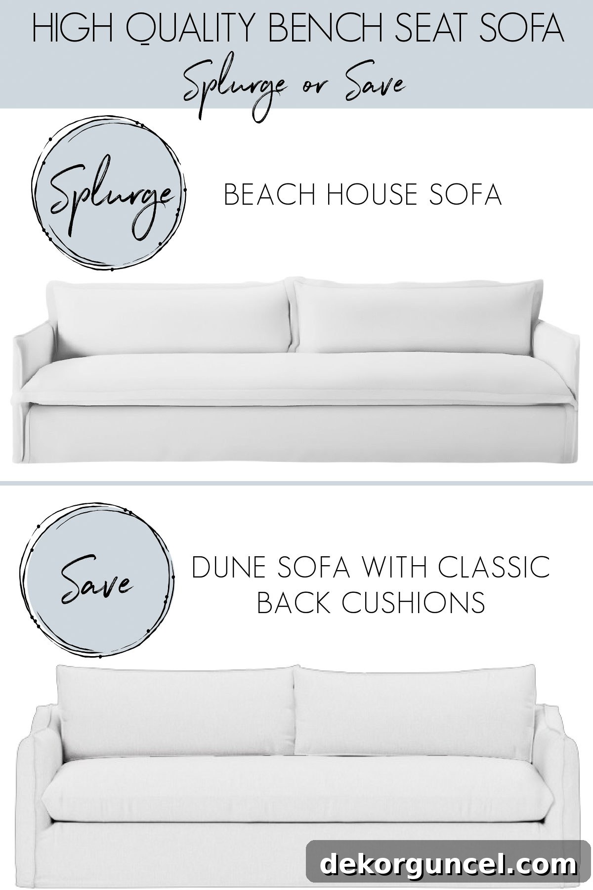 Bench seat sofas - designer version vs. lower priced version, demonstrating luxury sofa options