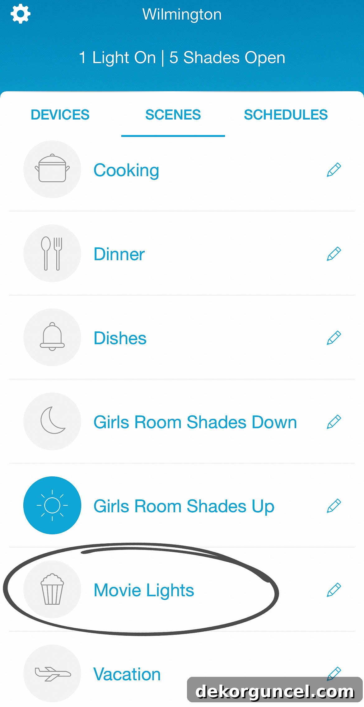 My Serena Smart Shades and Caséta by Lutron Smart Lighting System: My Integrated Smart Home Experience 13 Movie Lights scene highlighted in the Lutron app for easy activation