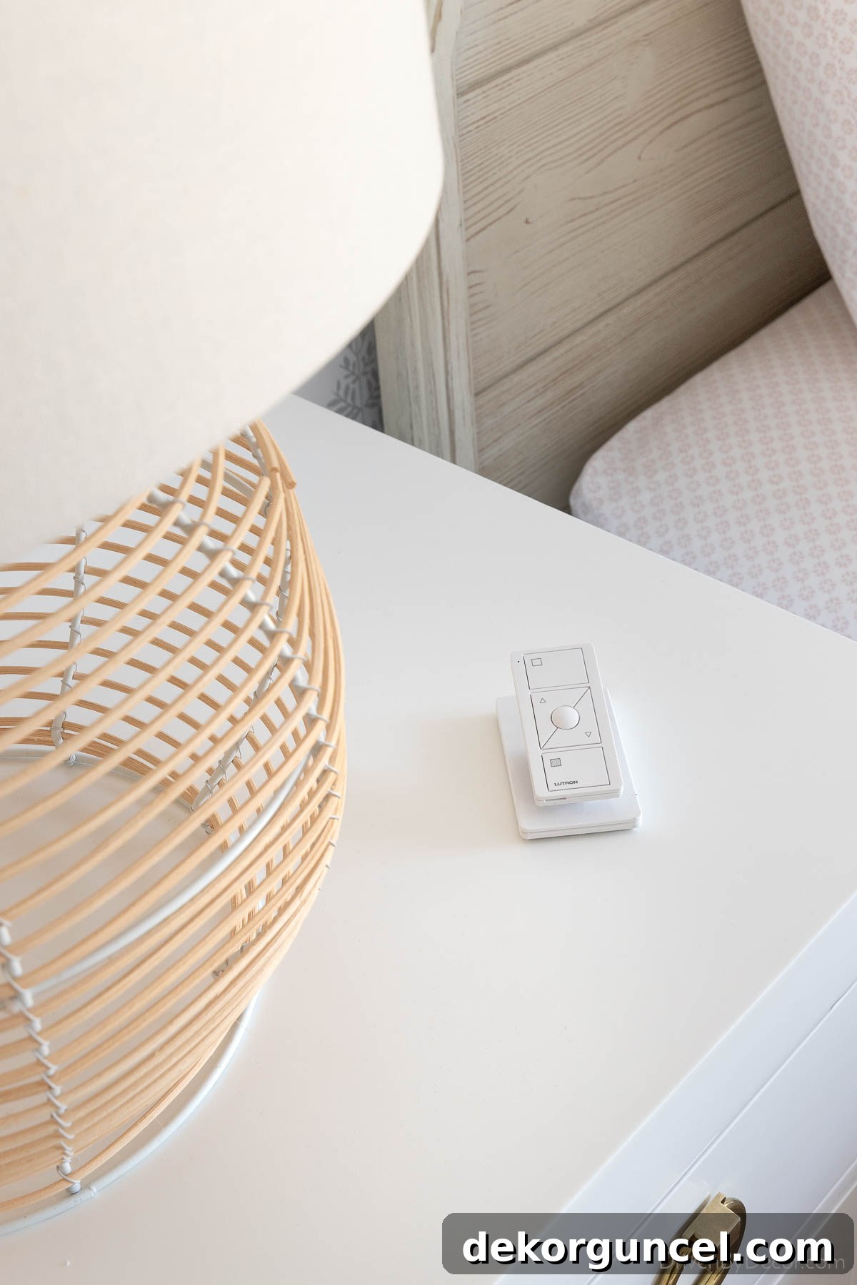 My Serena Smart Shades and Caséta by Lutron Smart Lighting System: My Integrated Smart Home Experience 17 Pico Smart Remote positioned next to a lamp on a nightstand for easy shade control