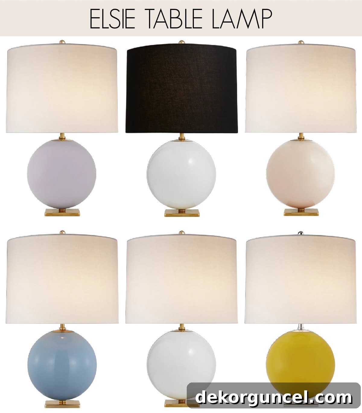 A selection of Kate Spade Elsie table lamp color options, showcasing various hues and shade choices