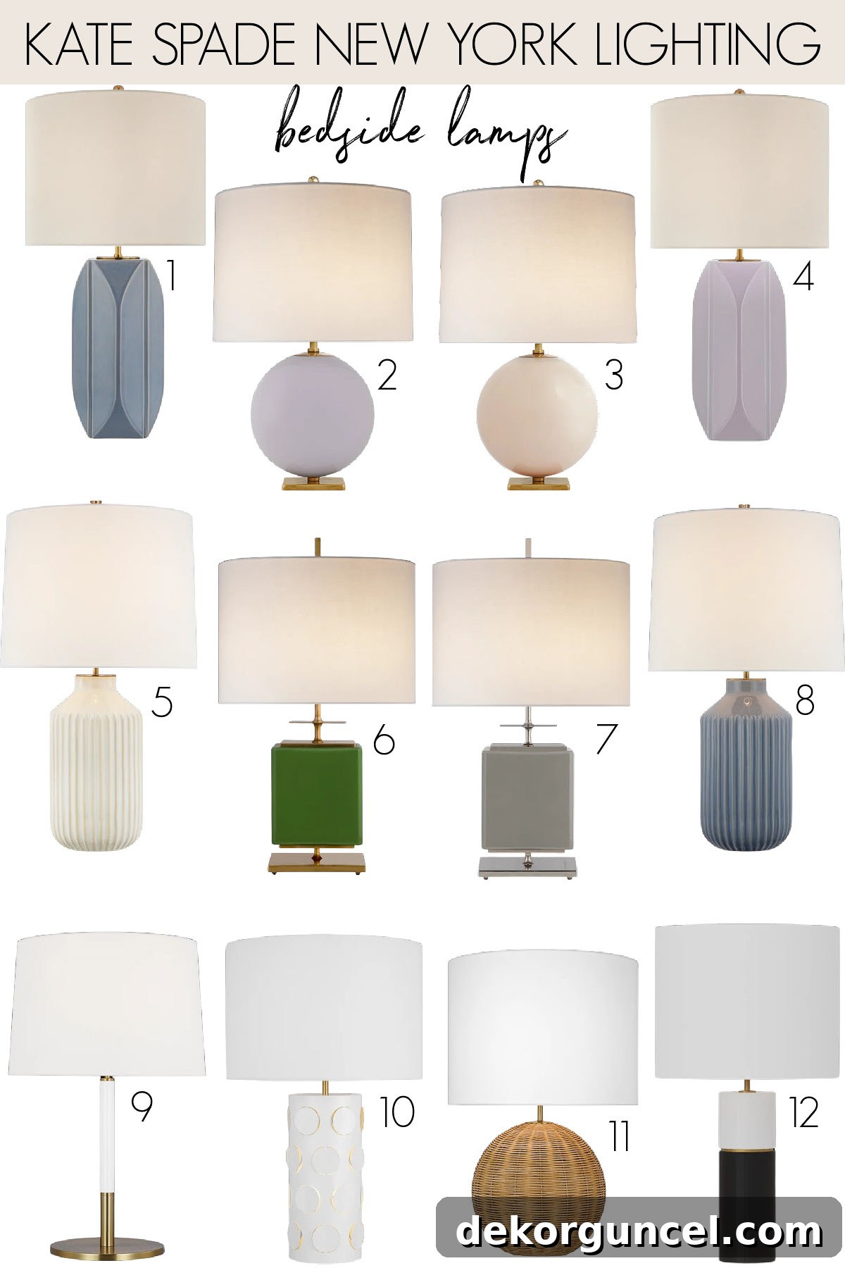 A curated selection of stylish bedroom lamps from Kate Spade, ideal for nightstands, showcasing diverse designs and colors