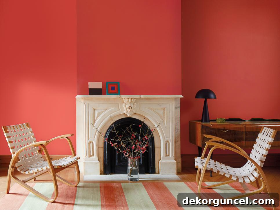 Unveiling 2023 Home Decor Trends 2 Benjamin Moore Raspberry Blush on living room wall, showing a vibrant coral-pink hue that adds character and warmth