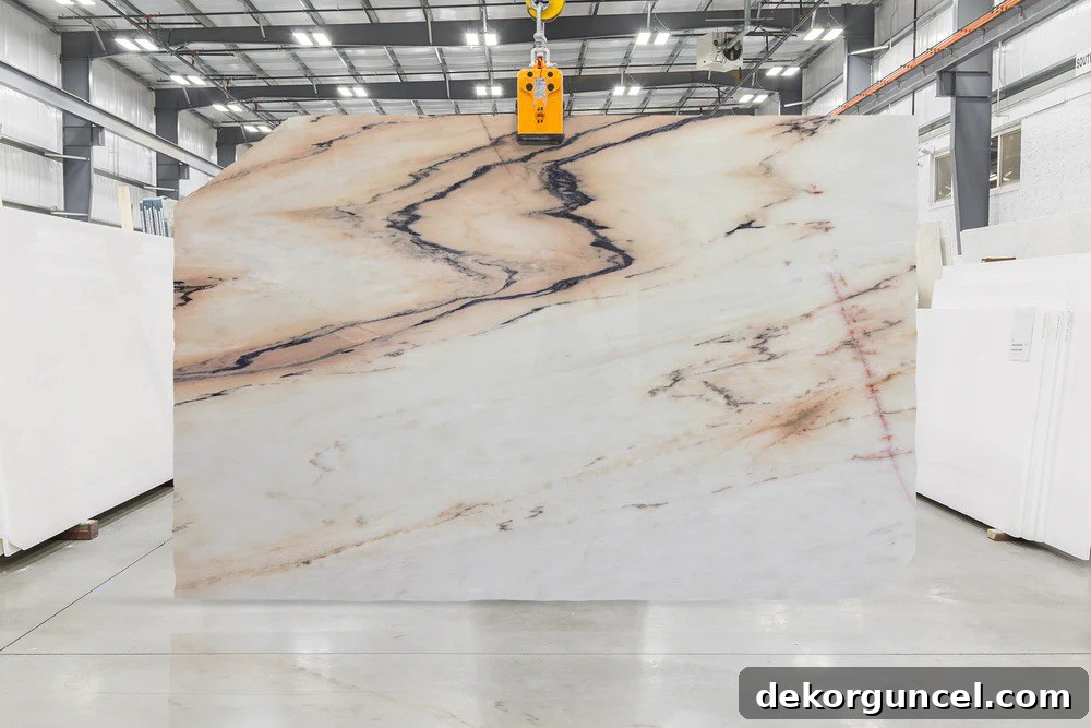 Colorful marble slab with rose pink and terracotta veining, representing the trend for unique and dramatic marble choices