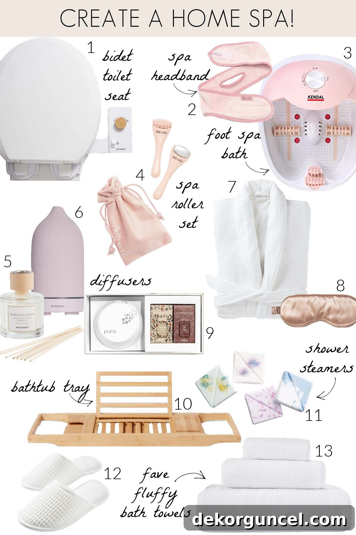 Unveiling 2023 Home Decor Trends 15 Collection of items to create a home spa experience, including bath bombs, diffusers, robes, and fluffy towels