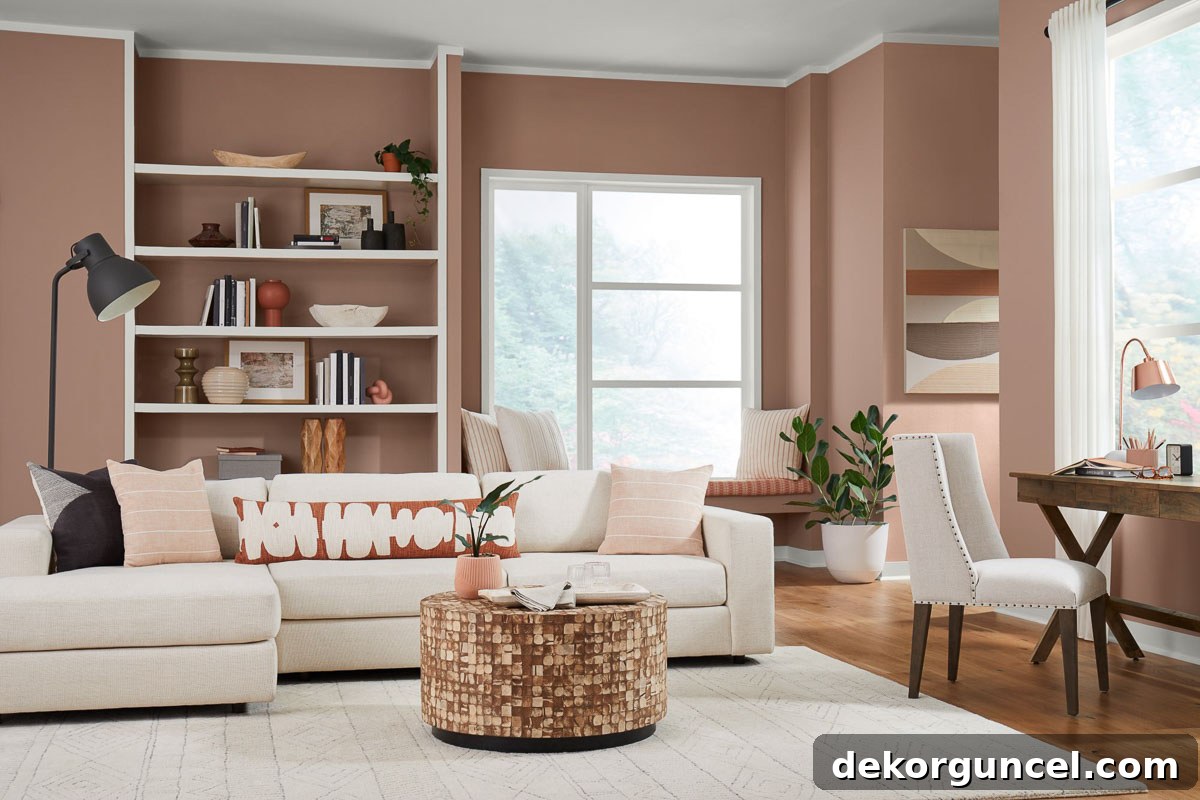 Unveiling 2023 Home Decor Trends 3 Sherwin-Williams Redend Point on walls in a living room, showcasing a soft, earthy neutral color that evokes warmth and tranquility
