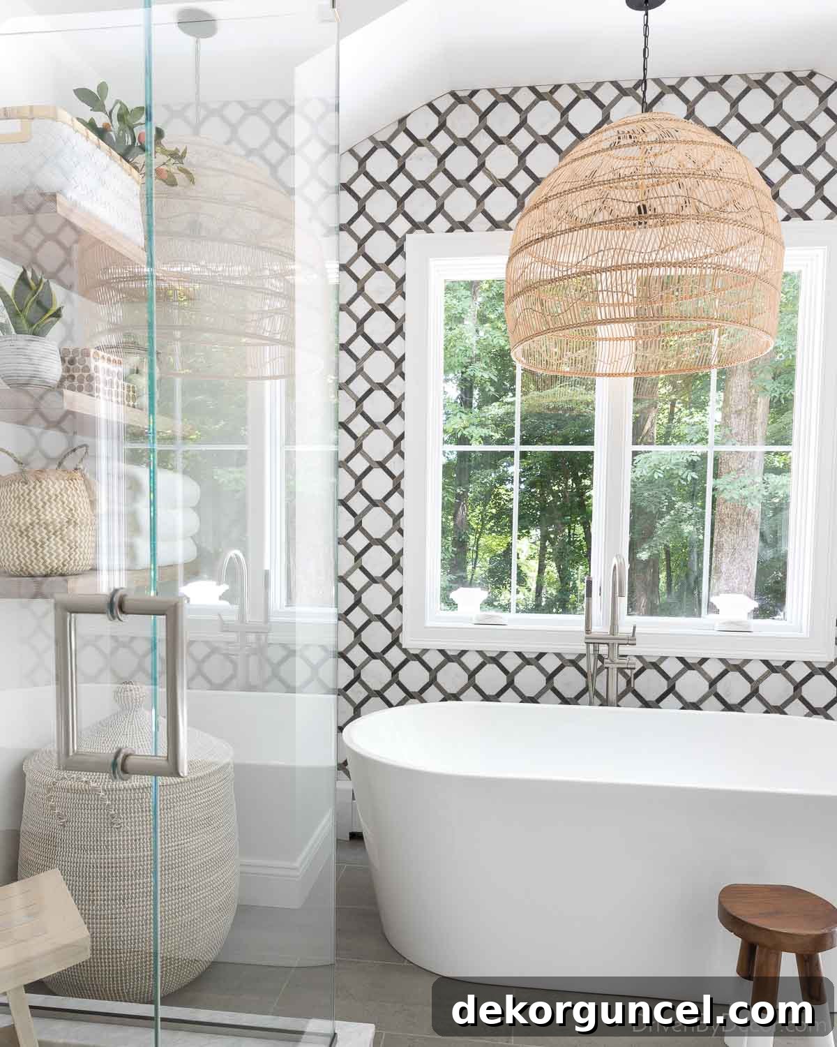 Unveiling 2023 Home Decor Trends 9 Oversized rattan pendant light fixture above a bathtub, creating a dramatic focal point in a master bathroom