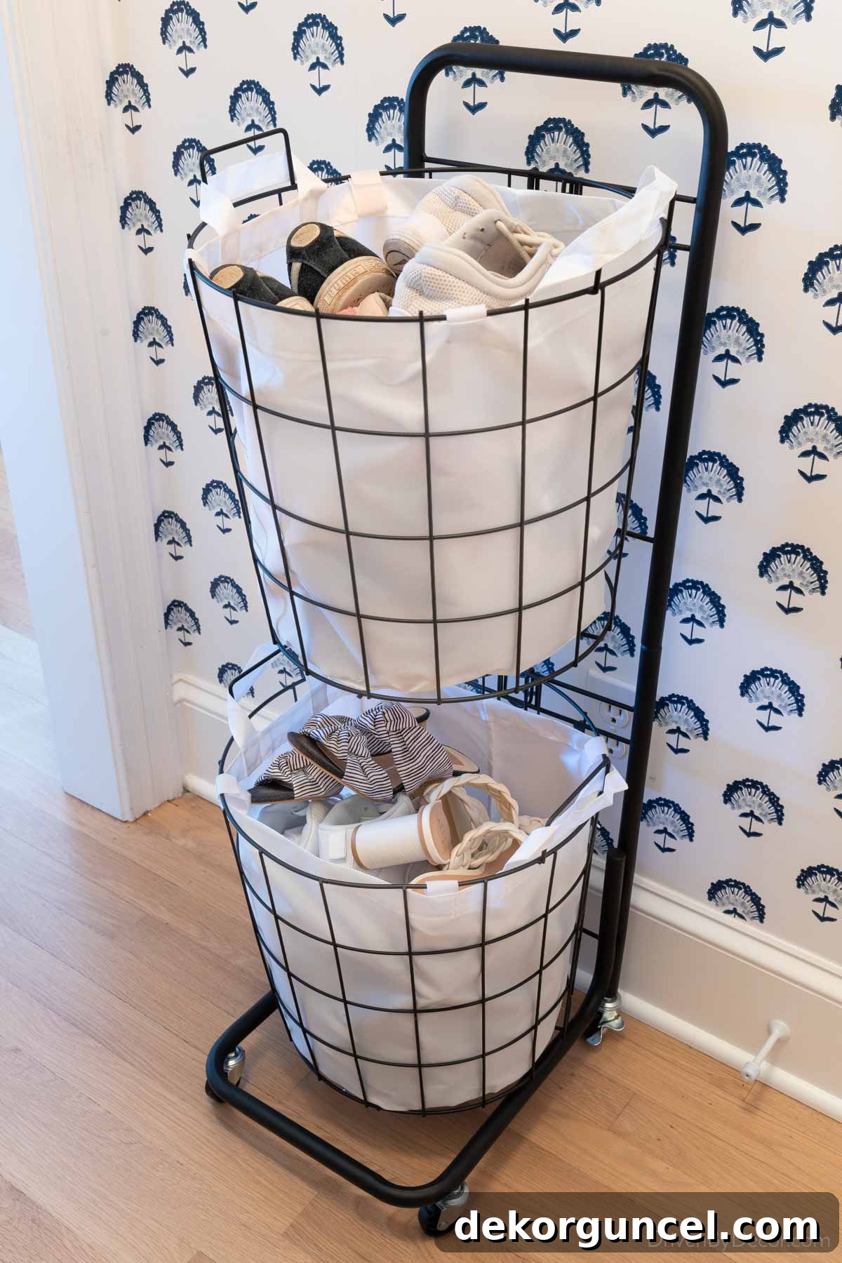 Smart Entryway Shoe Storage Solutions 11 Practical two-tier rolling storage baskets for entryway shoe organization