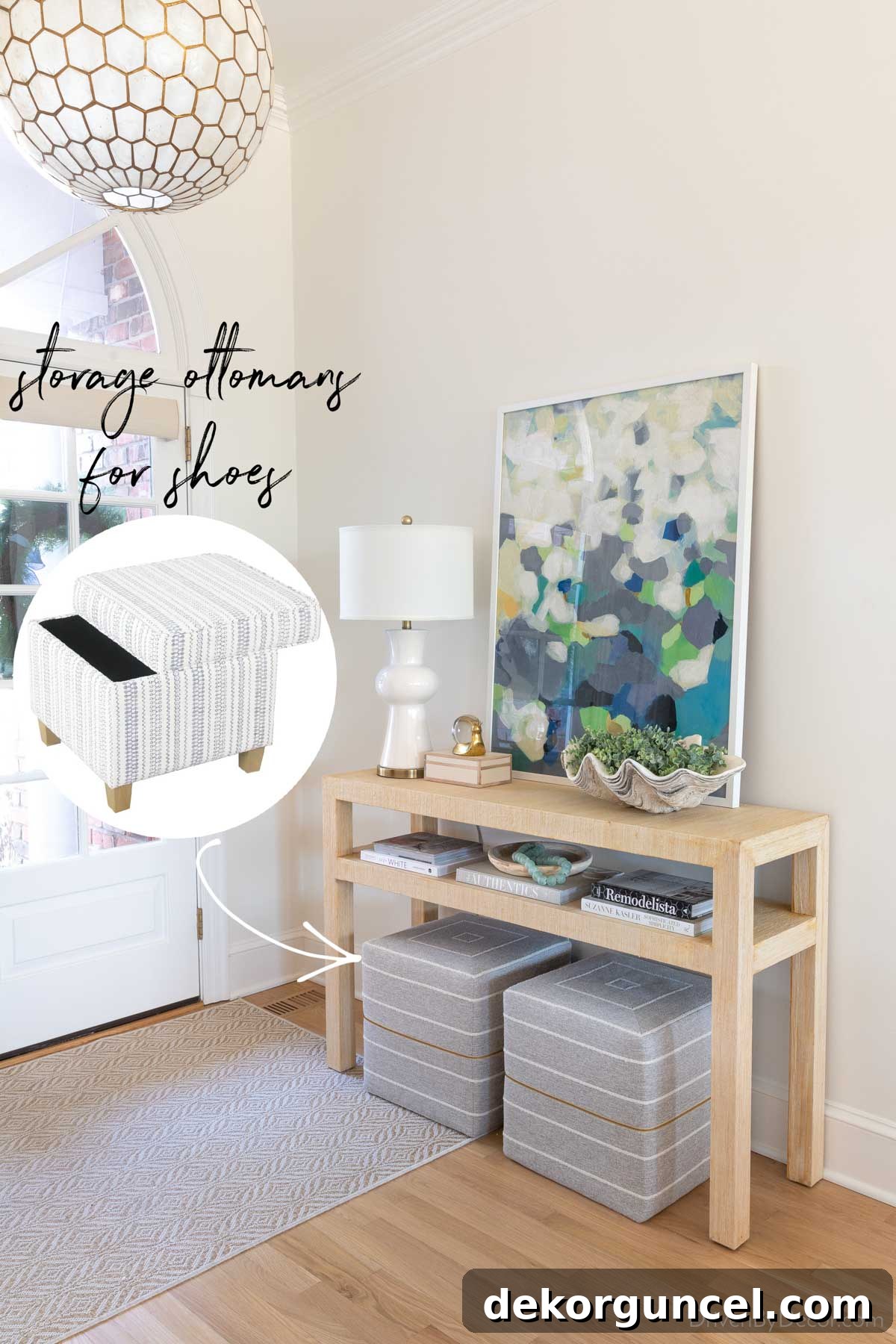 Smart Entryway Shoe Storage Solutions 4 Visualizing shoe storage ottomans replacing regular ottomans beneath an entryway console