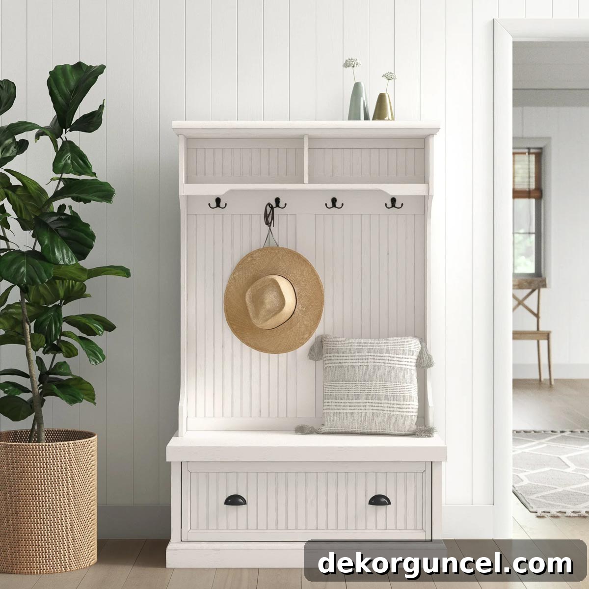 Smart Entryway Shoe Storage Solutions 10 Chic white hall tree with coat hooks and drawers for entryway shoe storage
