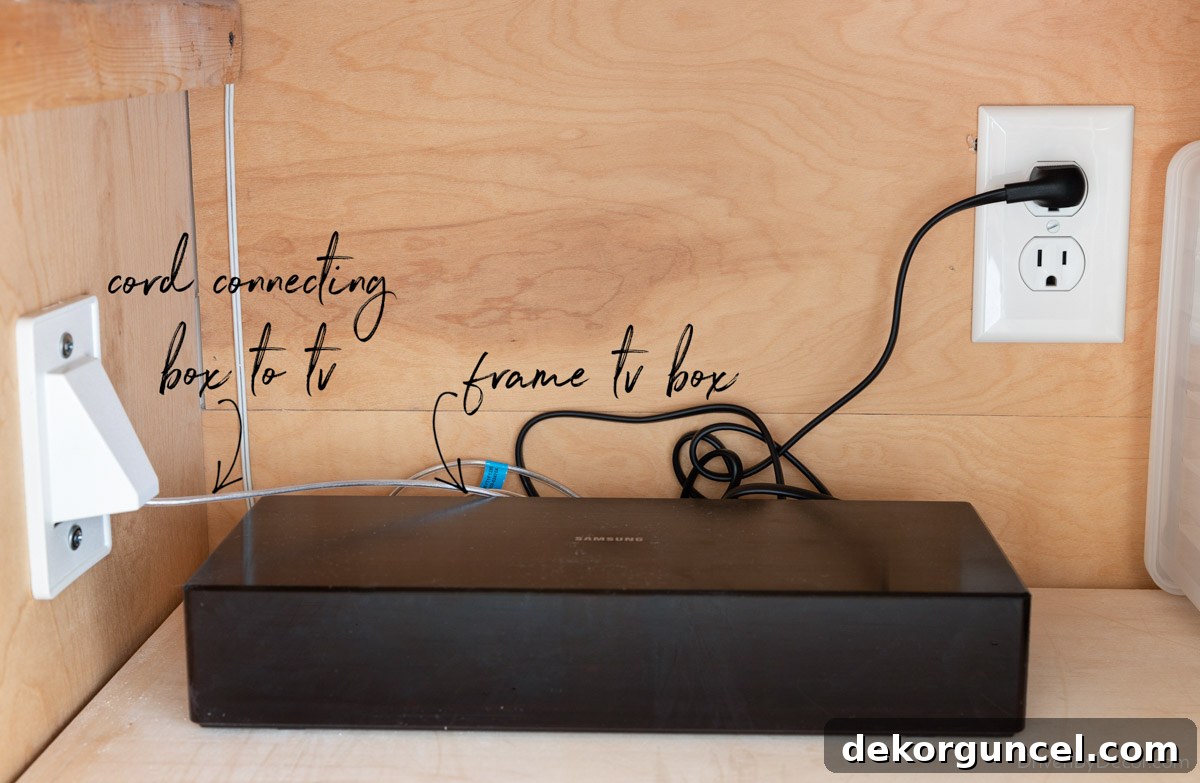 Fireplace TV Mounting Your Guide to Success 9 Samsung Frame TV box in cabinet